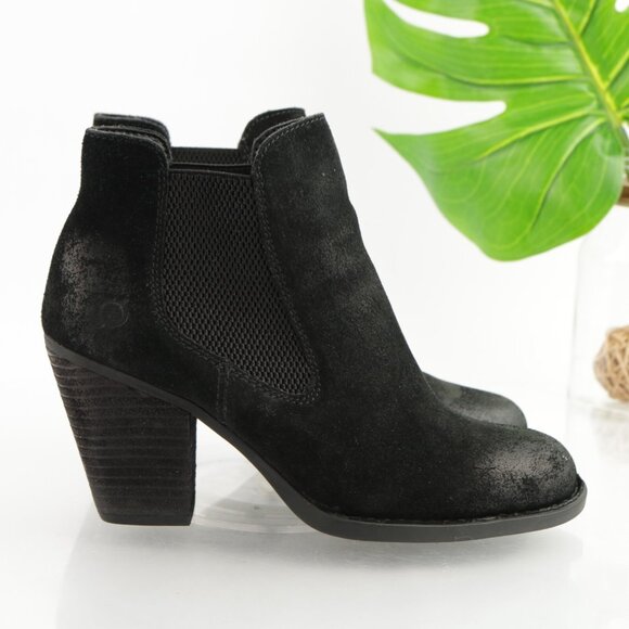 Born Womens Elaine Boot Size 8 Distressed Black Suede Chelsea Booties Block Heel - Picture 7 of 11